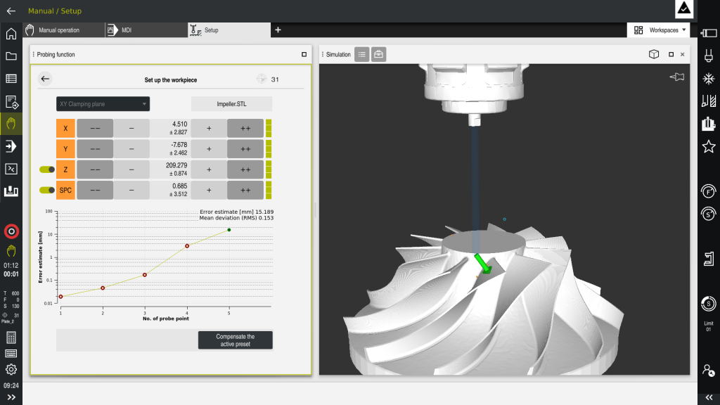 The new graphical 6D workpiece setup function for the TNC7 helps the operator dial in workpieces, and perfectly complements the control’s graphical setup support for workholding.

