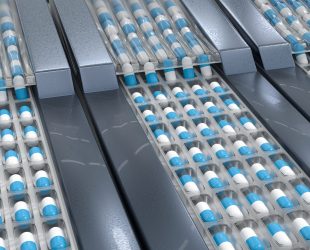 Pharmaceutical production of pills. Drugs manufacturing. 3D rendered illustration.