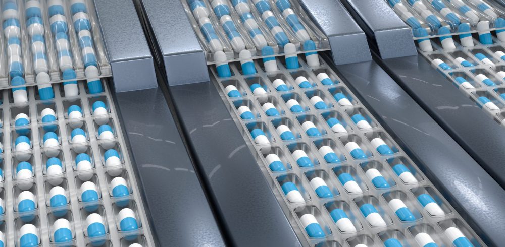 Pharmaceutical production of pills. Drugs manufacturing. 3D rendered illustration.