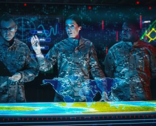 Futuristic High Tech Warfare: Military Intelligence Specialists use Augmented Reality Table Map to Scan Enemy Base. Army Recoinessance Using Advanced Sattelite Surveillance Technology For War