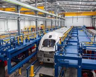 General view of a train shell the Weld Workshop at Hitachi Rail, Newton Aycliffe,