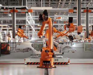 3d rendering of robotic arms welding parts on car body on automated production line. Digitally generated image of an automatic car manufacturing line in an automobile factory.