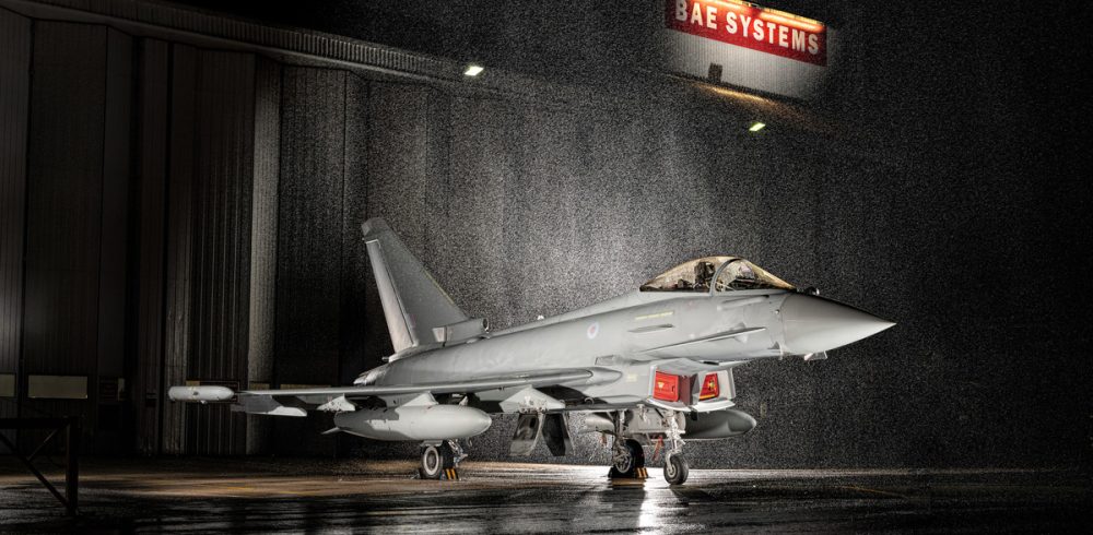 A Eurofighter Typhoon aircraft sitting outside the BAE Systems final assembly line in Warton, Lancashire, UK.