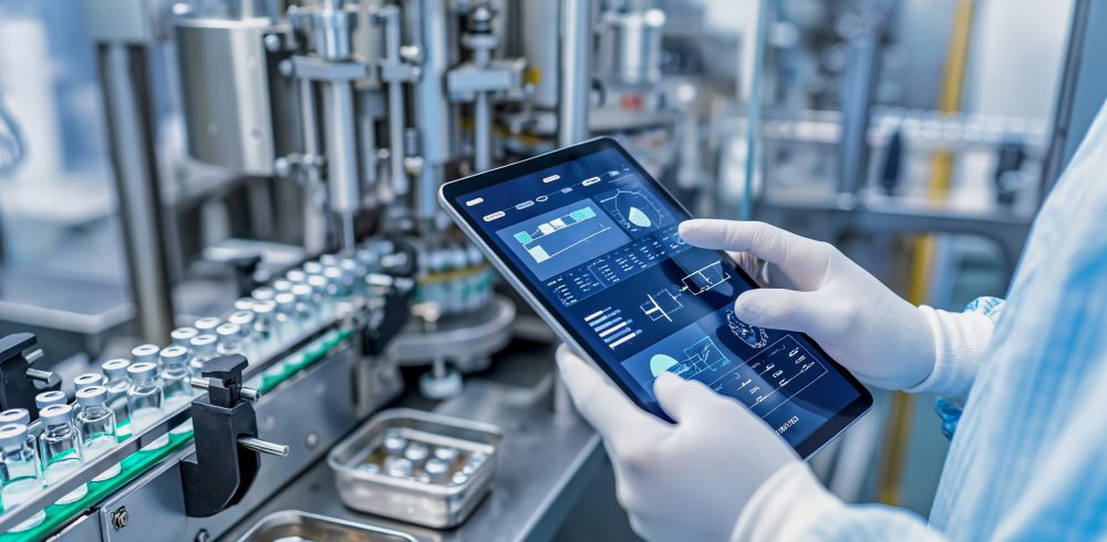 Pharmaceutical factory worker uses technology to control the vaccine and medicine production line. Laboratory manufacturing and conveyor system concept.