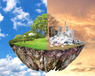 Global Warming and human waste ,Pollution Concept - Sustainability.  showing the effect of arid land with tree changing environment, Concept of climate change. Sky background, different weather