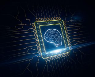 Computer processor with a silhouette of the human brain. Artificial intelligence and machine learning concept. 3D Rendering