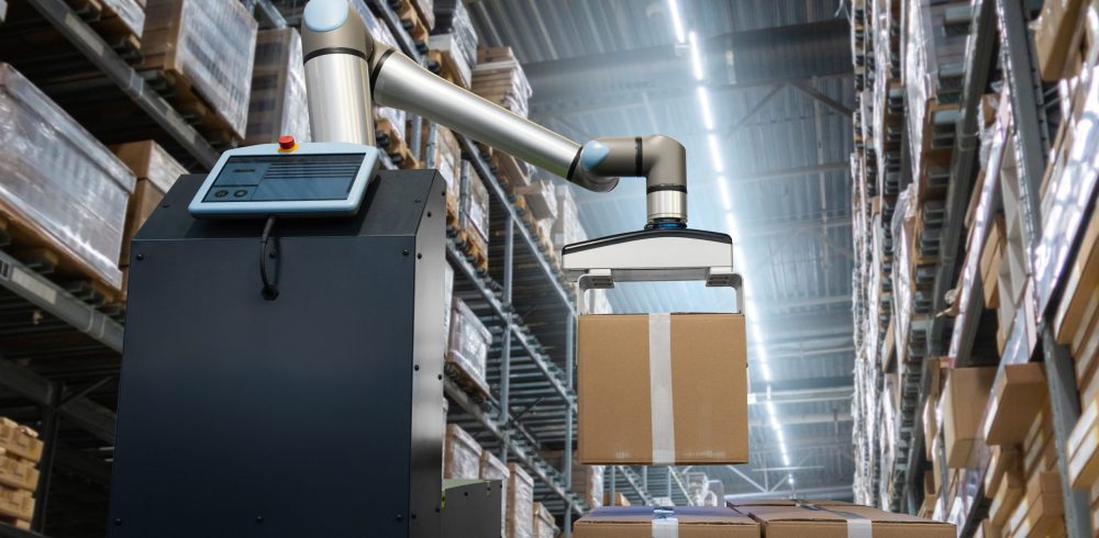 Robot,Arm,Moves,Boxes,In,An,Automatic,Warehouse.