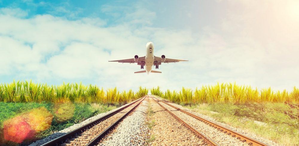 Airplane,And,Railway,At,Sunset.,Travel,Or,Transporttation,Background,Concept.