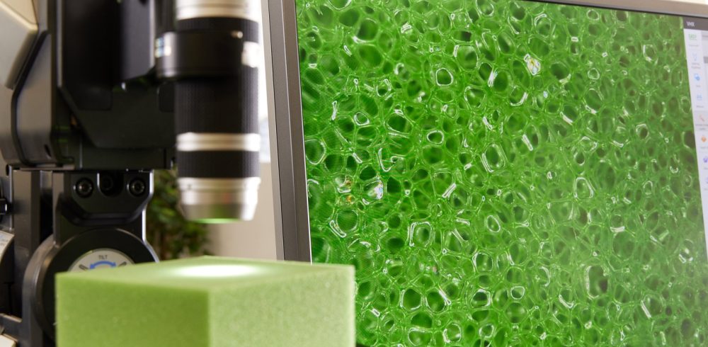 Polyurethane foam sample under a digital microscope at The Vita Group's Accrington Innovation Lab